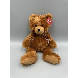 MS Teddy Bear Inc Shaggy Teddy Plush Brown 14” Stuffed Animal W/ Ribbon Bow Tie
